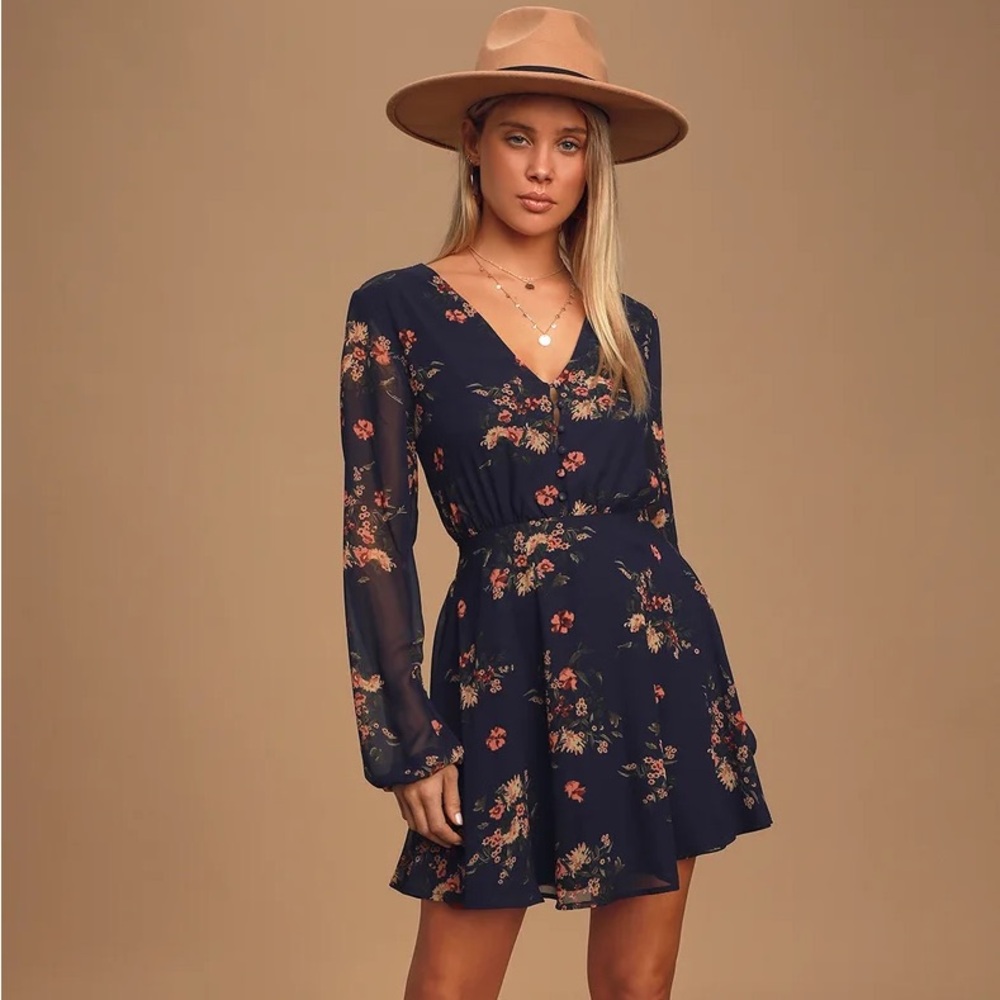 Lulus always yours navy blue floral print long sleeve dress